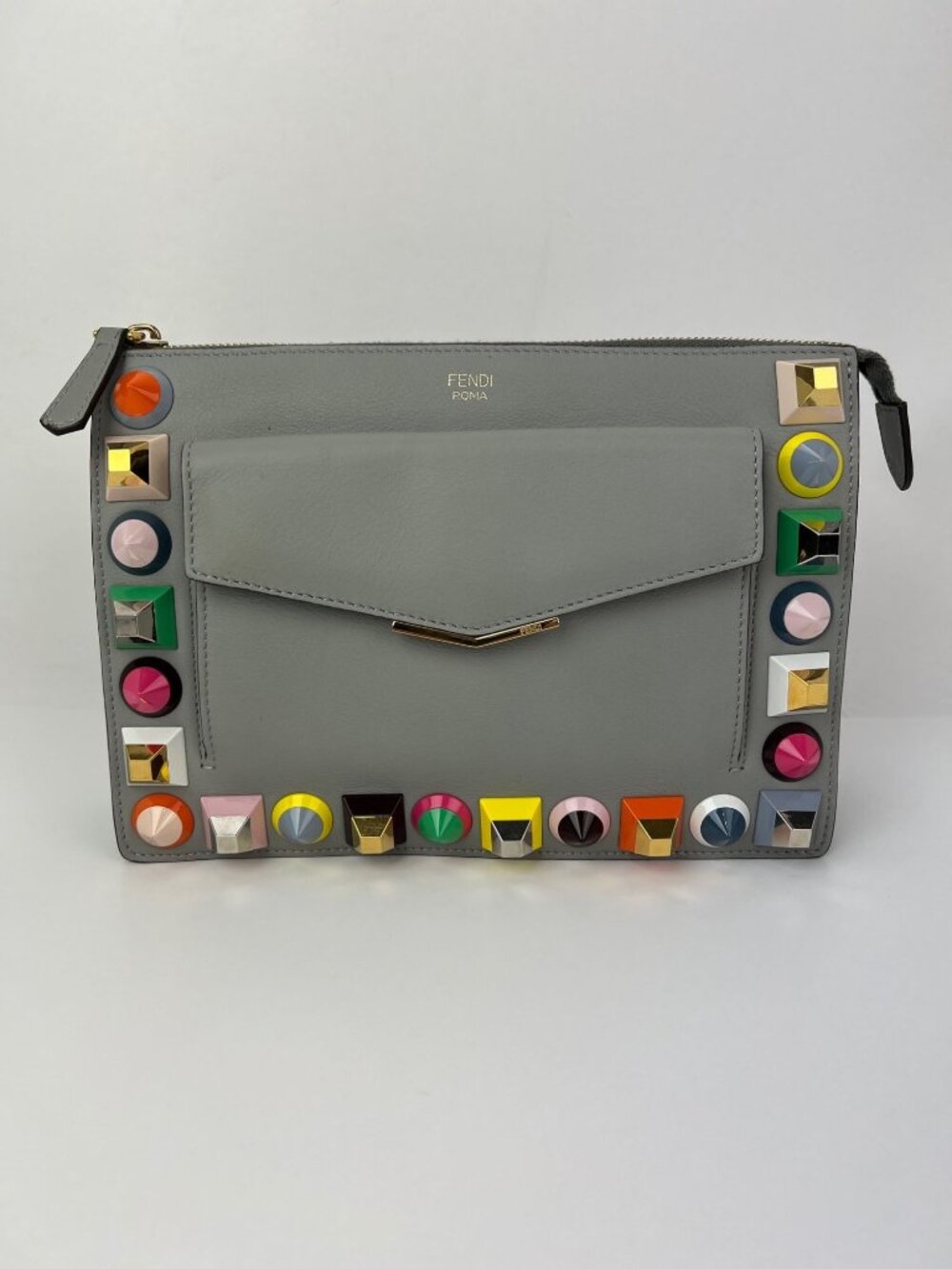 Fendi Rainbow Studs Gray Leather Crossbody Bag